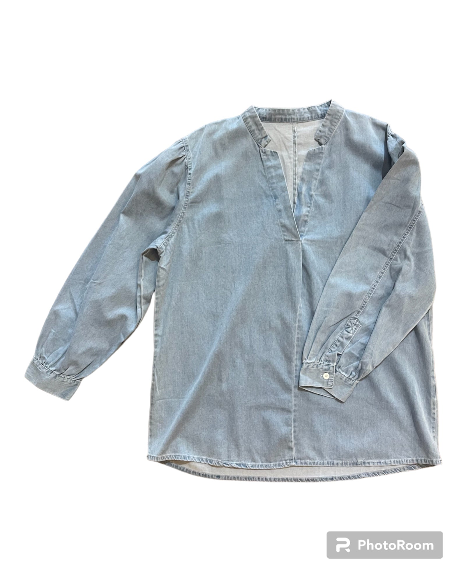 Blue Split V Neck Oversized Denim Blouses